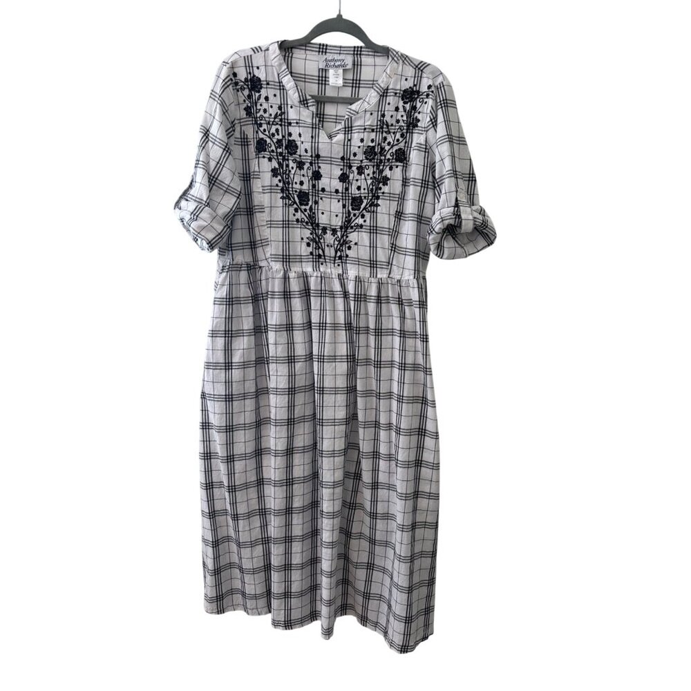 Anthony Richards Womens Plaid Embroidered Midi Cotton Dress L, Vintage